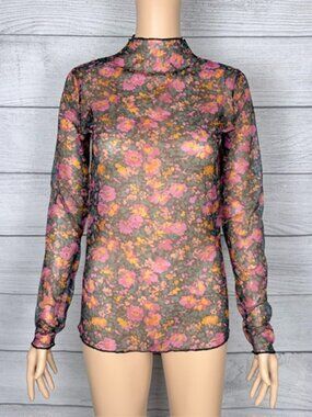 🩷SAGE + FIG Floral Mesh Mock Neck Long Sleeve Top Size M